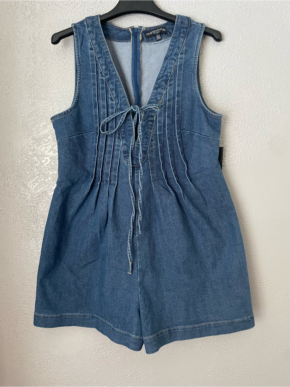 Fourteen Place Dark Blue Denim Tie-Front Romper